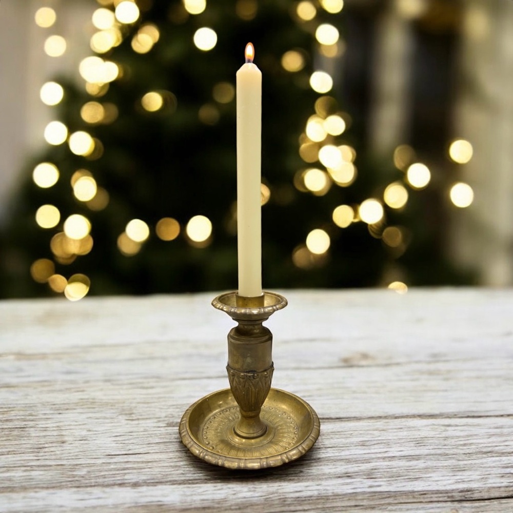Heavy Solid Brass Candle Stick Holder Intricate Design Wide Base French Style